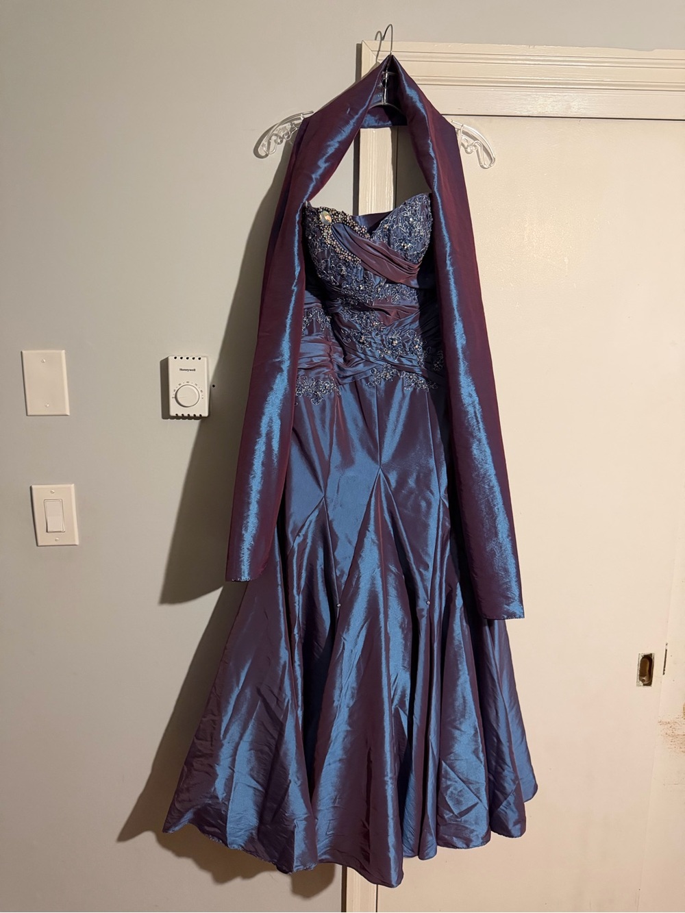 Tony Bowls Strapless Iridescent Blue-Purple Evening Dress with Shawl